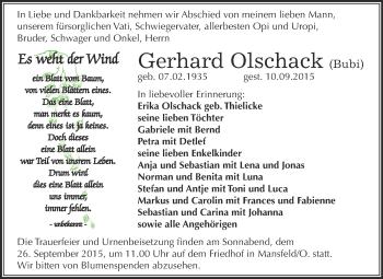 Traueranzeige von Gerhard Olschack von Wochenspiegel Mansfelder Land