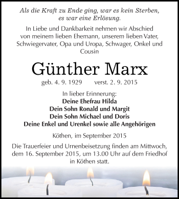 Traueranzeige von Günther Marx von WVG - Wochenspiegel Dessau / Köthen