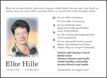 Traueranzeige von Elke Hille von WVG - Wochenspiegel Wittenberg