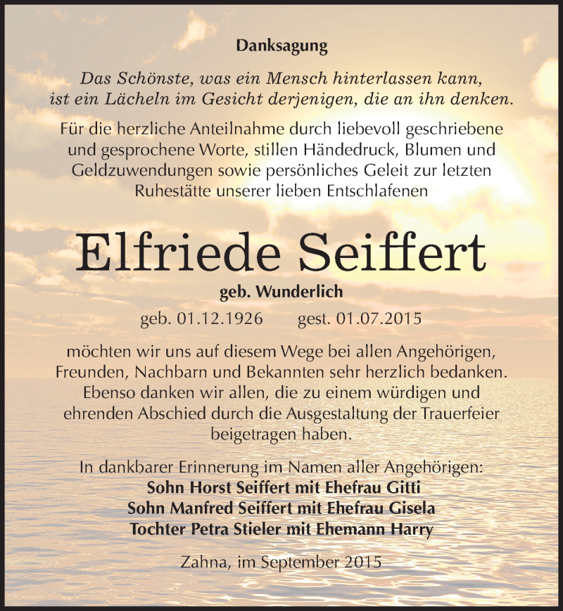  Traueranzeige für Elfriede Seiffert vom 19.09.2015 aus Mitteldeutsche Zeitung Wittenberg