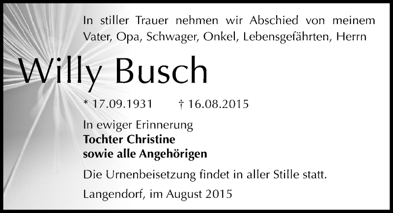  Traueranzeige für Willy Busch vom 05.09.2015 aus Mitteldeutsche Zeitung Weißenfels