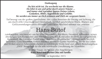 Traueranzeige von Hans Bütof von Wochenspiegel Mansfelder Land