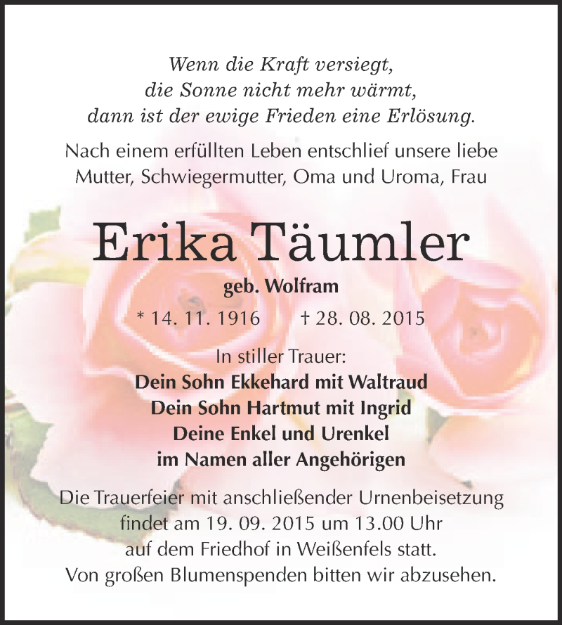  Traueranzeige für Erika Täumler vom 09.09.2015 aus WVG - Wochenspiegel NMB / WSF / ZTZ