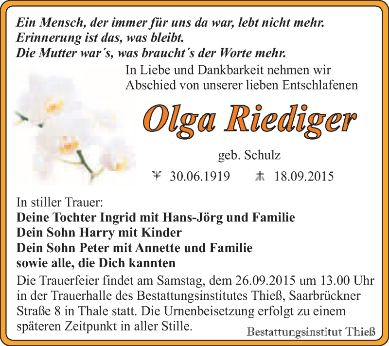  Traueranzeige für Olga Riediger vom 23.09.2015 aus Super Sonntag Quedlinburg