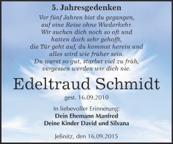 Traueranzeige von Edeltraud Schmidt von WVG - Wochenspiegel Bitterfeld