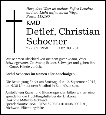 Traueranzeige von Detlef Christian Schoener von Mitteldeutsche Zeitung Naumburg/Nebra