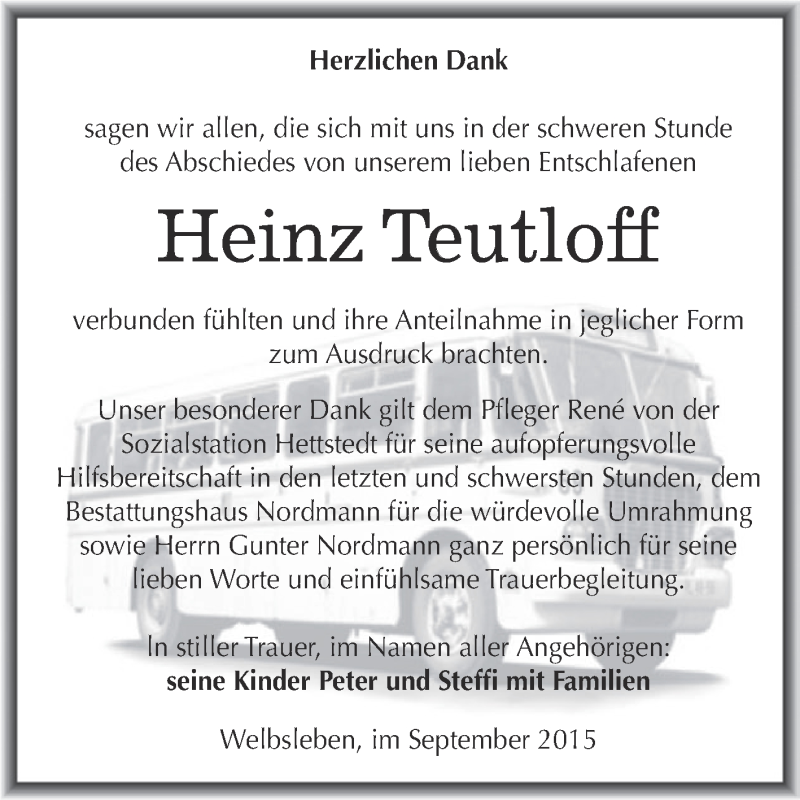  Traueranzeige für Heinz Teutloff vom 16.09.2015 aus Wochenspiegel Mansfelder Land
