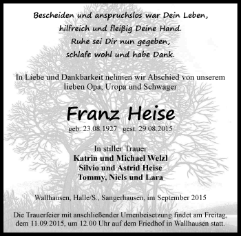 Traueranzeige von Franz Heise von Mitteldeutsche Zeitung Sangerhausen