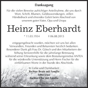 Traueranzeige von Heinz Eberhardt von Super Sonntag Zeitz