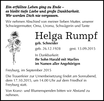 Traueranzeige von Helga Rumpf von Mitteldeutsche Zeitung