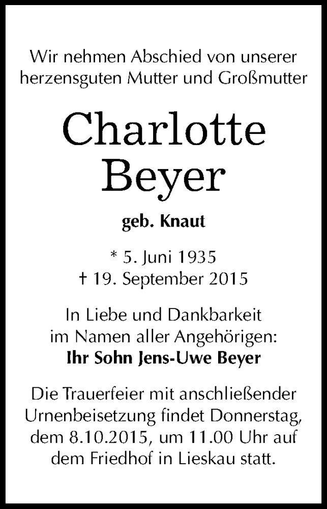  Traueranzeige für Charlotte Beyer vom 26.09.2015 aus Mitteldeutsche Zeitung Halle/Saalkreis