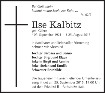 Traueranzeige von Ilse Kalbitz von Super Sonntag Bernburg