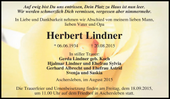 Traueranzeige von Herbert Lindner von Super Sonntag Aschersleben