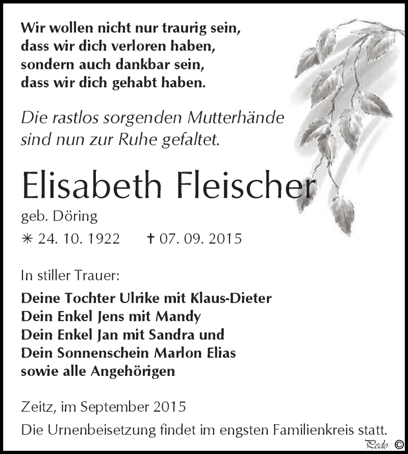  Traueranzeige für Elisabeth Fleischer vom 12.09.2015 aus Super Sonntag Zeitz
