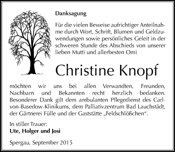 Traueranzeige von Christine Knopf von Mitteldeutsche Zeitung Merseburg/Querfurt