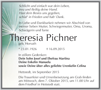 Traueranzeige von Theresia Pichner von Wochenspiegel Mansfelder Land