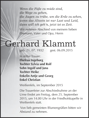 Traueranzeige von Gerhard Klammt von Super Sonntag Merseburg
