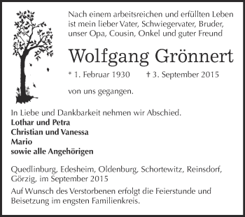 Traueranzeige von Wolfgang Grönnert von WVG - Wochenspiegel Quedlinburg