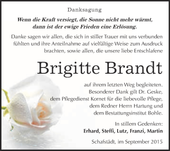 Traueranzeige von Brigitte Brandt von WVG - Wochenspiegel Merseburg