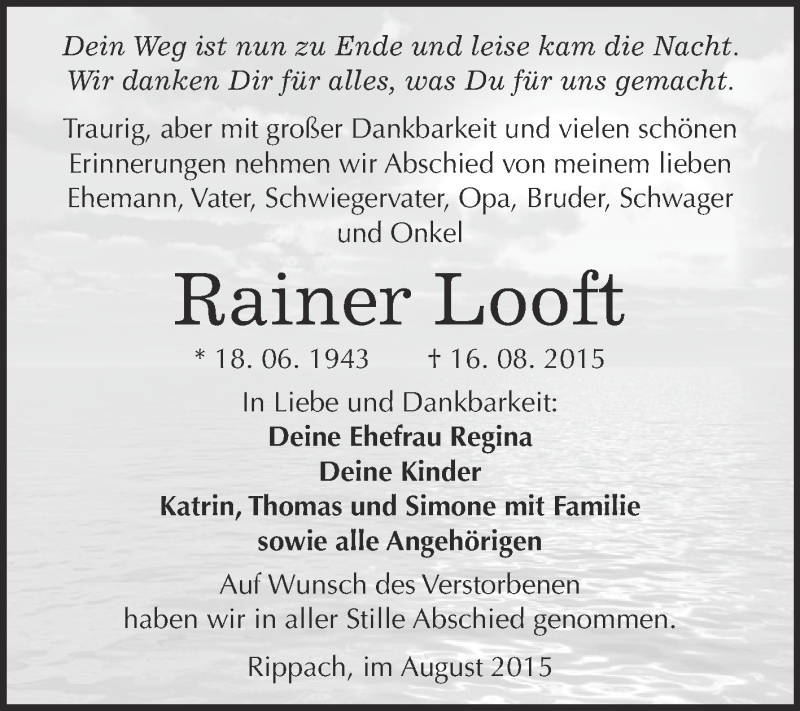  Traueranzeige für Rainer Looft vom 09.09.2015 aus WVG - Wochenspiegel Merseburg