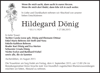 Traueranzeige von Hildegard Dönig von Super Sonntag Aschersleben