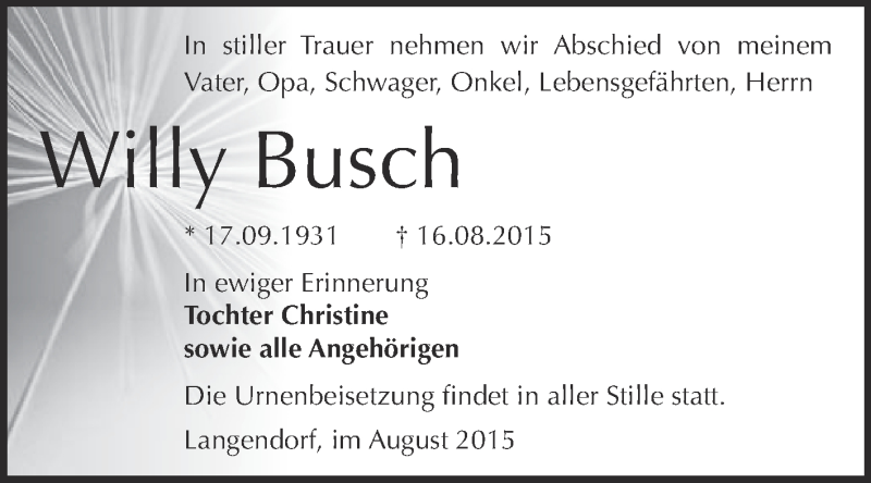  Traueranzeige für Willy Busch vom 02.09.2015 aus WVG - Wochenspiegel NMB / WSF / ZTZ