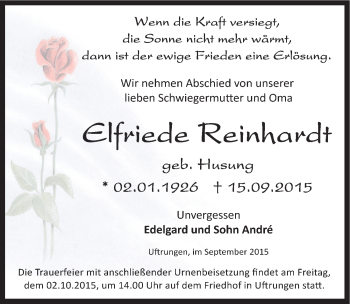 Traueranzeige von Elfriede Reinhardt von Mitteldeutsche Zeitung Sangerhausen