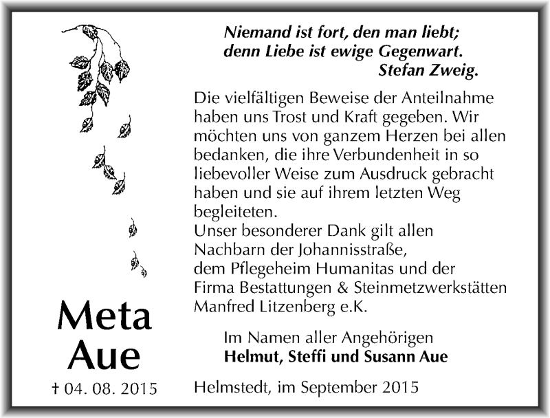  Traueranzeige für Meta Aue vom 05.09.2015 aus Mitteldeutsche Zeitung Mansfelder Land
