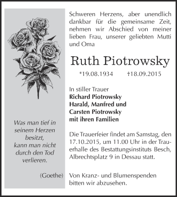 Traueranzeige von Ruth Piotrowsky von WVG - Wochenspiegel Dessau / Köthen