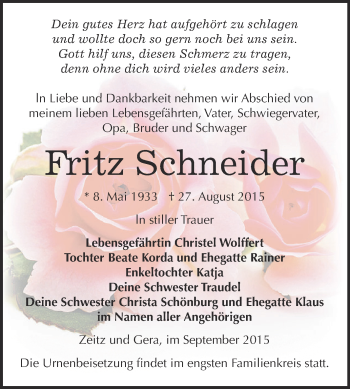 Traueranzeige von Fritz Schneider von Super Sonntag Zeitz