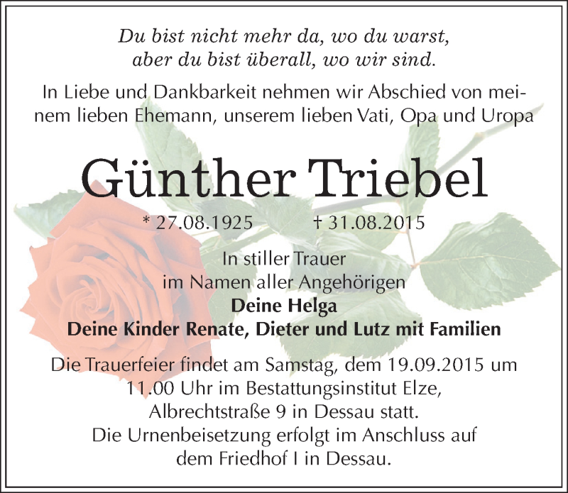  Traueranzeige für Günther Triebel vom 08.09.2015 aus Mitteldeutsche Zeitung Dessau-Roßlau