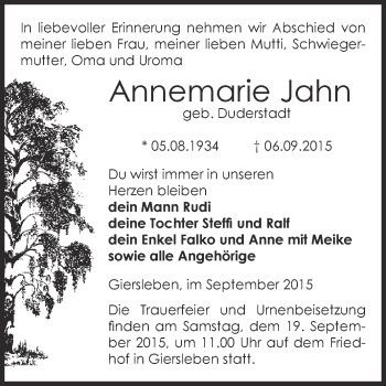 Traueranzeige von Annemarie Jahn von Super Sonntag Aschersleben