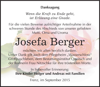 Traueranzeige von Josefa Berger von Mitteldeutsche Zeitung Köthen