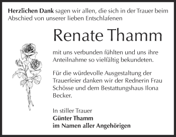 Traueranzeige von Renate Thamm von Wochenspiegel Mansfelder Land
