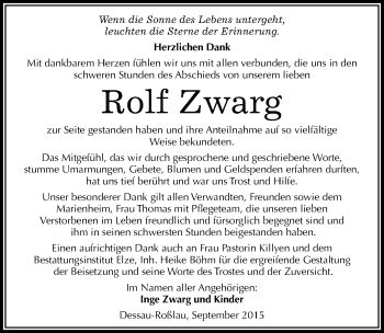 Traueranzeige von Rolf Zwarg von Mitteldeutsche Zeitung Dessau-Roßlau