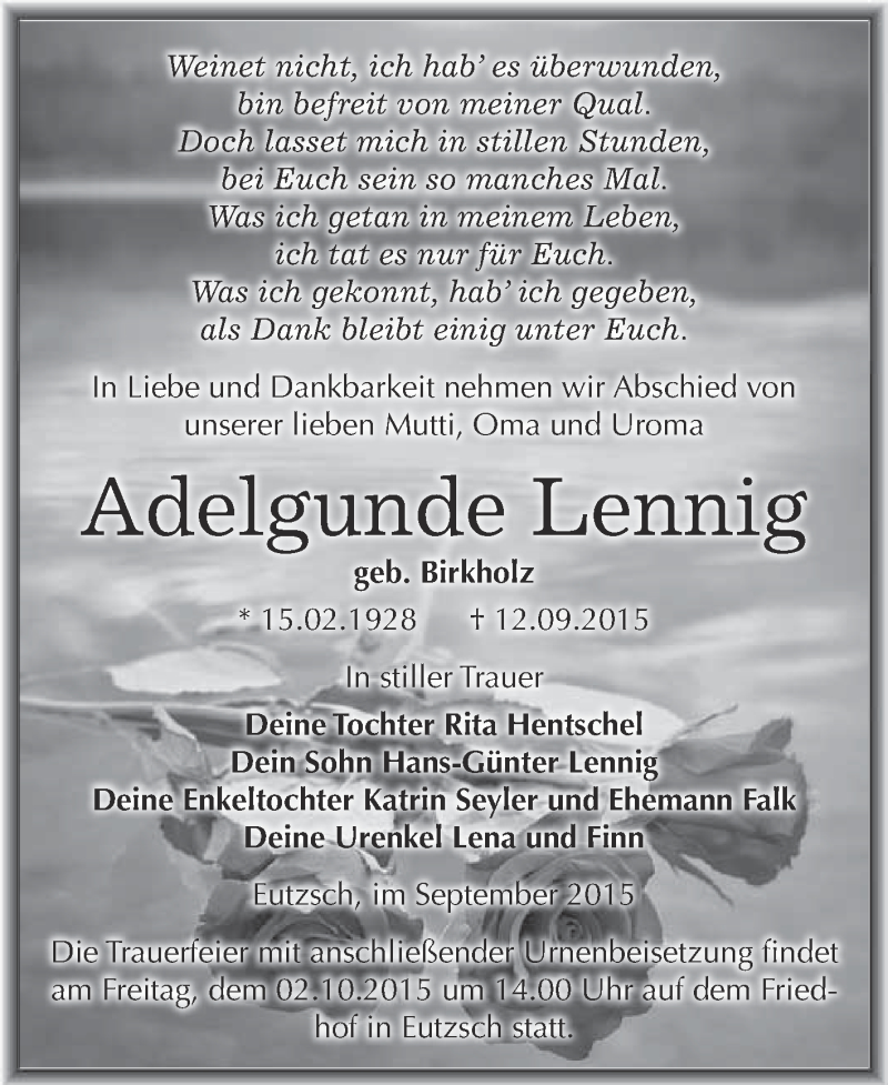  Traueranzeige für Adelgunde Lennig vom 19.09.2015 aus WVG - Wochenspiegel Wittenberg