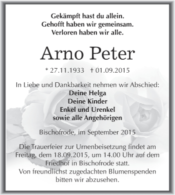 Traueranzeige von Arno Peter von Wochenspiegel Mansfelder Land