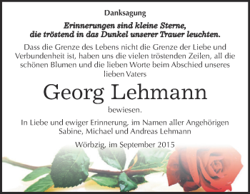 Traueranzeige von Georg Lehmann von WVG - Wochenspiegel Dessau / Köthen