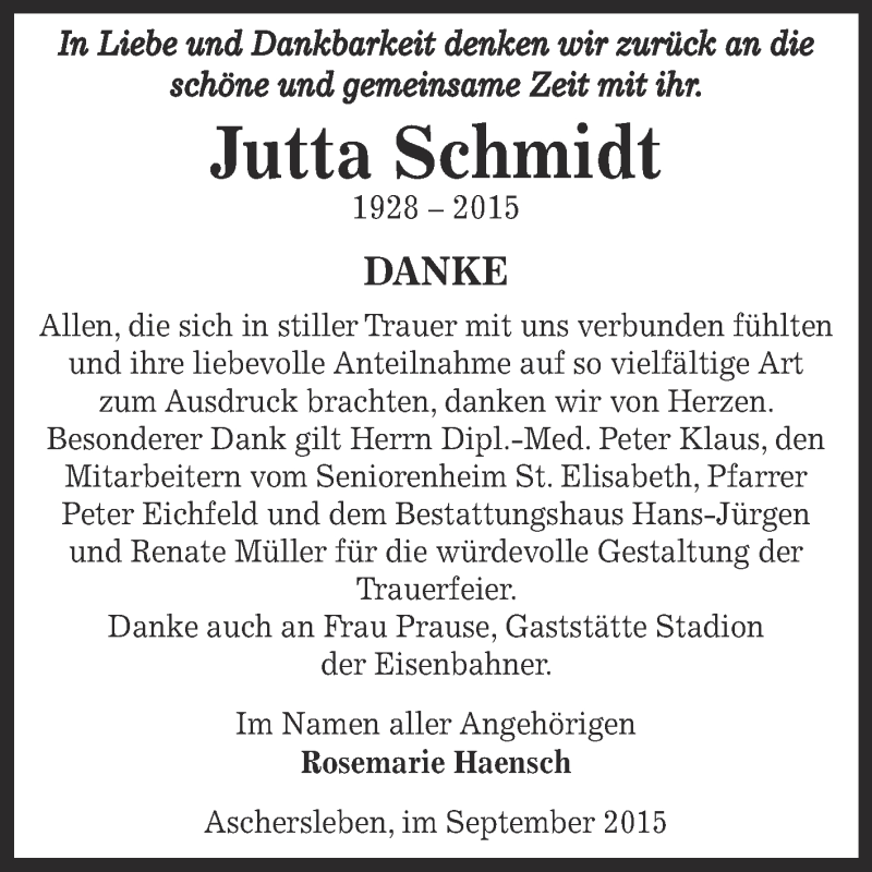  Traueranzeige für Jutta Schmidt vom 30.09.2015 aus Super Sonntag Aschersleben