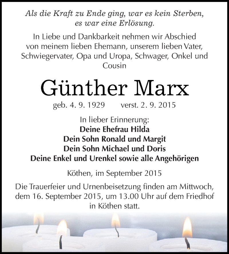  Traueranzeige für Günther Marx vom 05.09.2015 aus WVG - Wochenspiegel Dessau / Köthen