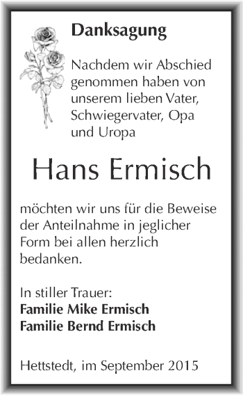 Traueranzeige von Hans Ermisch von Wochenspiegel Mansfelder Land