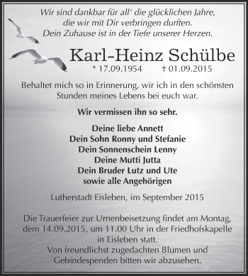 Traueranzeige von Karl-Heinz Schülbe von Wochenspiegel Mansfelder Land