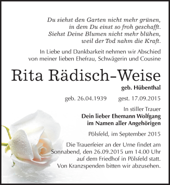 Traueranzeige von Rita Rädisch-Weise von Mitteldeutsche Zeitung Sangerhausen