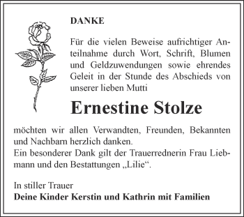 Traueranzeige von Ernestine Stolze von WVG - Wochenspiegel Dessau / Köthen