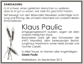 Traueranzeige von Klaus Paulic von Super Sonntag SGH Mansf. Land