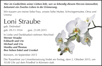 Traueranzeige von Loni Straube von Wochenspiegel Mansfelder Land