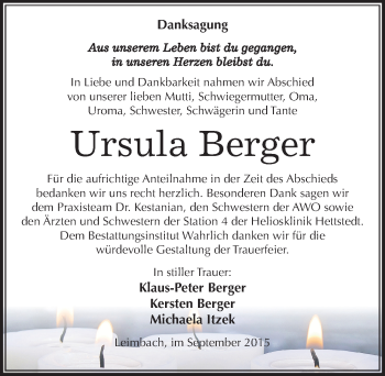 Traueranzeige von Ursula Berger von Mitteldeutsche Zeitung Mansfelder Land