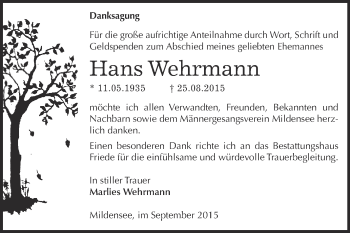 Traueranzeige von Hans Wehrmann von WVG - Wochenspiegel Dessau / Köthen
