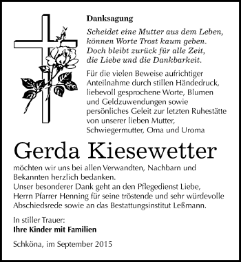 Traueranzeige von Gerda Kiesewetter von Mitteldeutsche Zeitung Wittenberg