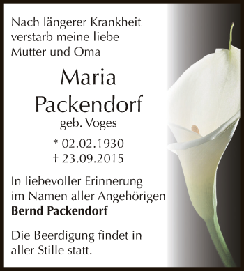 Traueranzeige von Maria Packendorf von WVG - Wochenspiegel Dessau / Köthen
